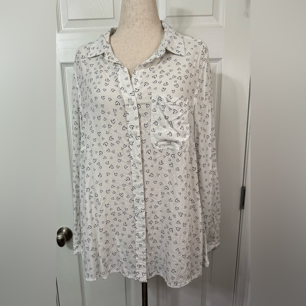 White Viscose Button-Up Shirt with Black Heart Pattern